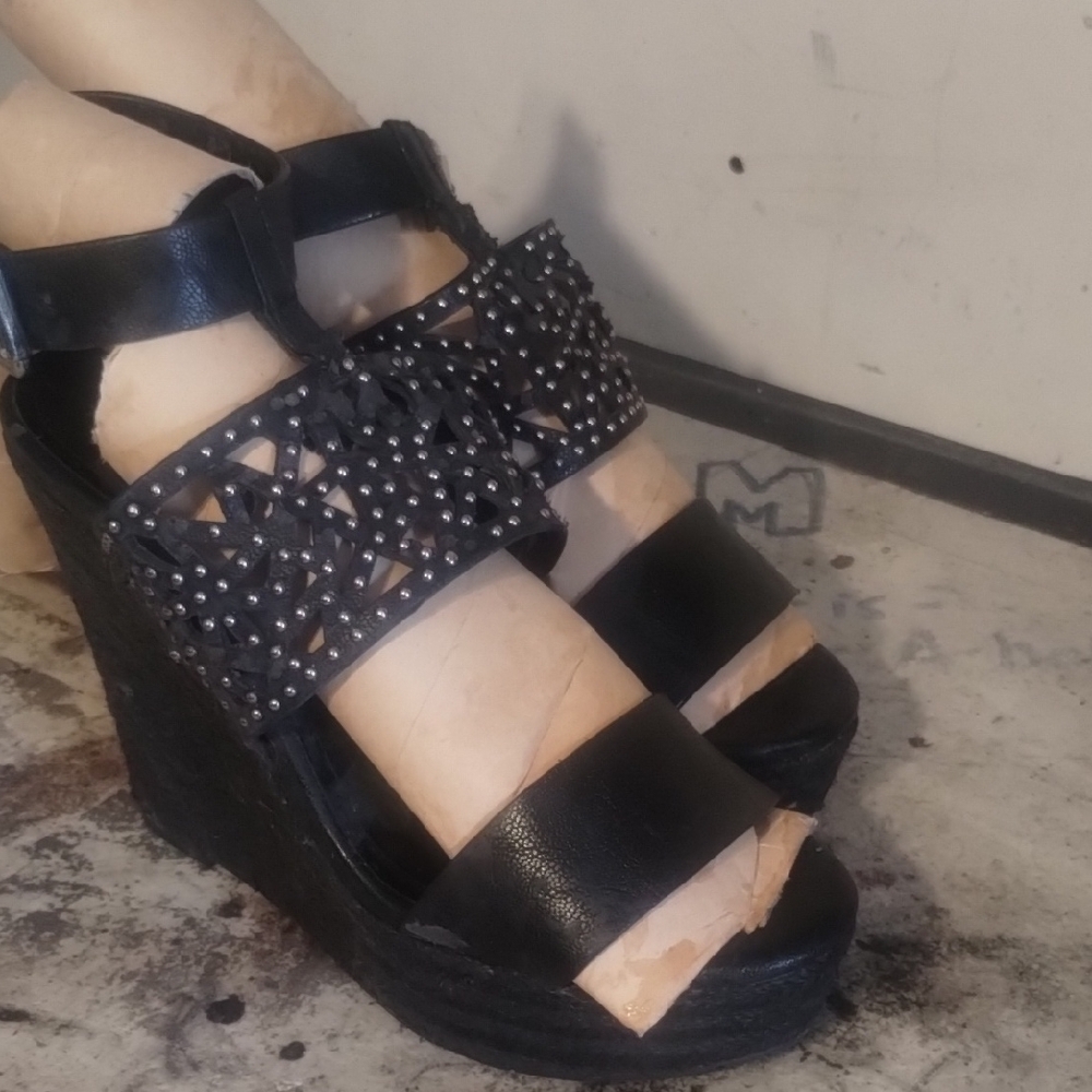 BCBGeneration Black Wedge Sandals with Glamorous Straps